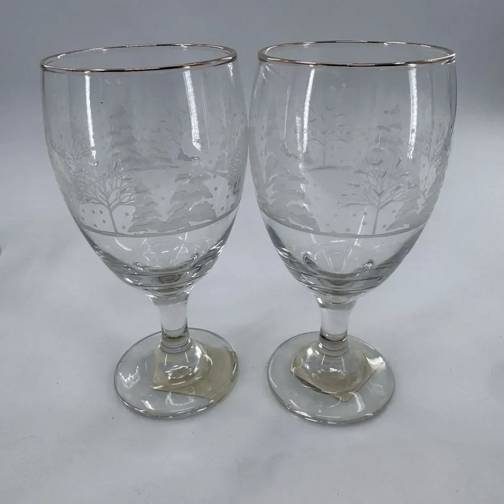 Frosty Pines Libbey Handblown Goblets 7” Winter Wonderland Gold Rim Set of 4 New